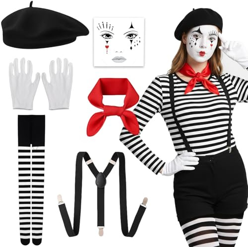 Qnvyw 6-teiliges Pantomime Kostüm Damen Herren mit Baskenmütze Schal Handschuhe Tattoo Socken und Hosenträger, Zirkus Clown Kostüm für Karneval und Fasching