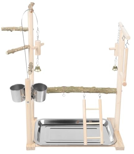 CIYODO Papageienständer mit Spielzeug für Käfig und Tisch, Holz, Beige | Bissfest, Leicht zu Reinigen, mit Glocke und Näpfen, für Papageien und Nymphensittiche