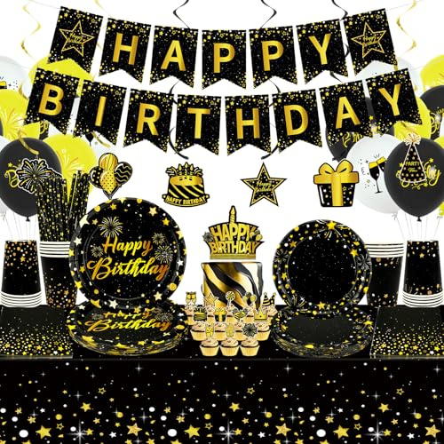 Obussgar Black Gold Décorations de fête d'anniversaire – Accessoires de fête en noir et or comprenant bannières, assiettes, décorations de gâteau, gobelets, serviettes, ballons, nappes – pour 20