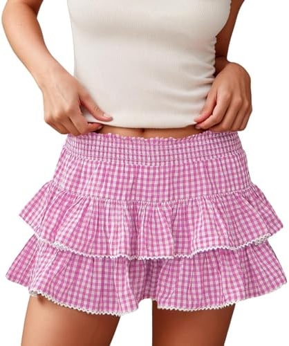 Jupe de fée à volants pour femme - Motif floral - Rayée - Vichy - Mini jupe fluide - Taille extensible - Jupe courte plissée multicouche, Rose, XL