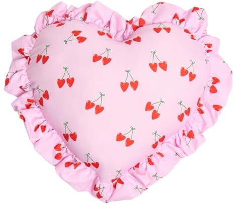 OHS Cherry Print Heart Cushion, Valentines Gifts for Her Cosy Heart Pillow with Frill Edges Valentines Decorations for Home Living Room Bedroom Sofa Pink Room Decor Cute Pillows, Pink/Green - 40cm