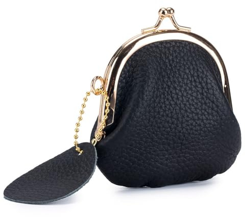 AprinCtempsD Petit Porte-Monnaie Femme en Cuir Véritable Mini Portefeuille avec Fermoir à Clip Kiss Lock pour Bijoux Écouteurs Clés (Noir)
