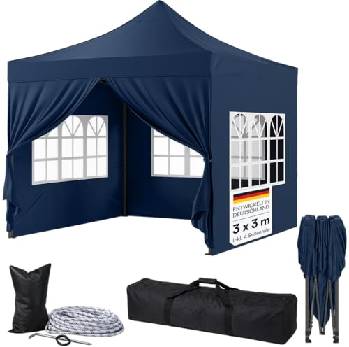 STEELSØN Rynara Faltpavillon 3x3 m, 4 Seitenteile, Blau, wasserdicht | Gartenpavillon, Pop Up Pavillon, 3-fach höhenverstellbar, UV-beständig, winterfest, stabil, mit Tragetasche, Outdoor & Garten