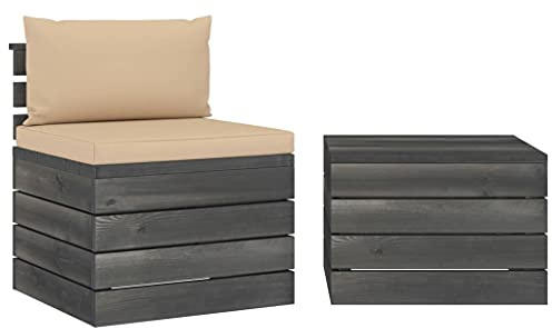 Foknhdi 2-TLG Gartenmöbel Set aus massiver Kiefer Paletten Couch 60x65x71,5 cm Beige Sofa & 60x60x41,5 cm Couchtisch für kleine Terrasse Balkon und Lounge im Freien