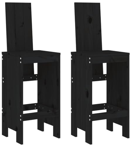 Mhdvray Barhocker 2er Set aus Massivholz Kiefer, rustikale Tresenhocker in Schwarz mit Rückenlehne und Fußstütze, 40x42x120 cm Gartenstühle für Terrasse, Balkon und Außenbereich