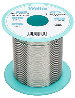 Weller WSW SCN M1 (T0051401399) Alambre De Soldadura Sin Plomo, Ø 0,8Mm, Aleación Sn0.6Cu0.05Ni3.5 Contenido De Fundente 3.5%, 100g