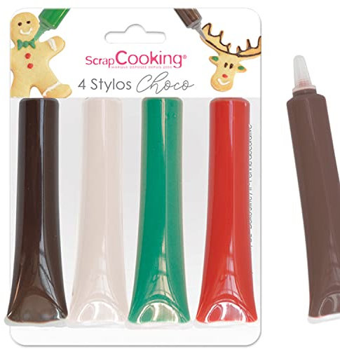 ScrapCooking - 4 Stylos Choco Noël - Marron, Blanc, Vert & Rouge - Crayons Alimentaires Pâtisserie - Colorants Décoratifs Comestibles - Écrire & Dessiner sur Desserts, Gâteaux & Biscuits - 7060