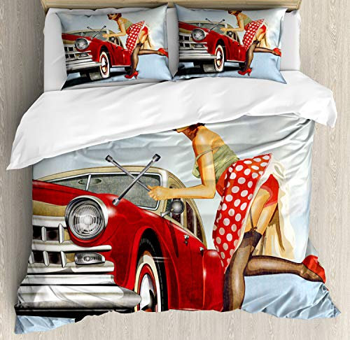 ABAKUHAUS Pin up Girl Bettbezugs Set Für Doppelbetten, Lady Zur Festsetzung des Autos, Weicher Microfaserstoff Allegigeignet kein Verblassen, 230 x 220 cm, Mehrfarbig Rot