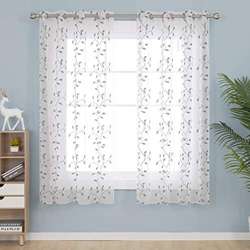 Deconovo Vorhänge, transparent, Weiß, mit Ringen, durchsichtige Vorhänge, graue Blätter, für Wohnzimmer, Schlafzimmer, 140 x 175 cm (B x H), 2 Stück