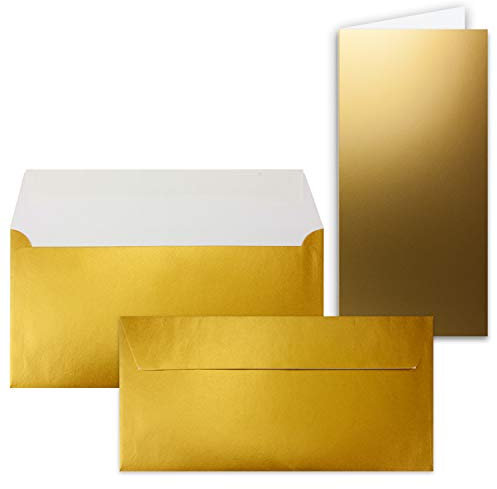 25x Faltkarten-Set mit Briefumschlägen DIN Lang in Gold (Metallic) - 21 x 10,5 cm - Blank Klappkarten und Umschläge für Einladungen und Grüße zu Geburtstag und Hochzeit