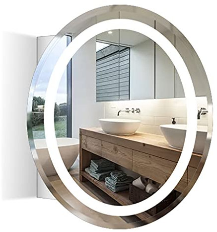 Armoire de Toilette Ronde avec lumière Armoire Murale en Acier Inoxydable Miroir de Maquillage Mural de Salle de Bain Bouton Tactile, Anti-buée