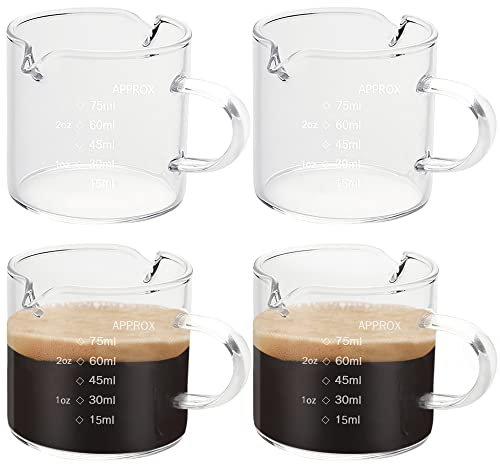4 Stück Espresso-Doppeltüllen, Milchbecher, 75-ml-Messbecher für Schnapsgläser mit Ausgießgriff und Skala, hitzebeständiger kleiner Unzenbecher für Kaffee, Milch, Wein, Saft, Flüssigkeit
