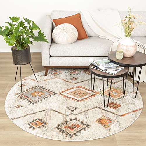 FRAAI | Home & Living Hochflor Teppich Rund - Blend Aztec Creme Bunt - Kariert, Boho, Modern, Skandinavisch, Wohnzimmer, Esszimmer, Schlafzimmer - Fellteppich - Carpet