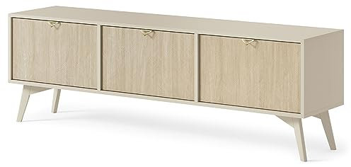 Mueble de TV 158 cm Forest, Mueble de televisor, Mueble de televisión, Color eucalipto Beige, Muebles de salón, Mueble de TV con Patas (Beige)
