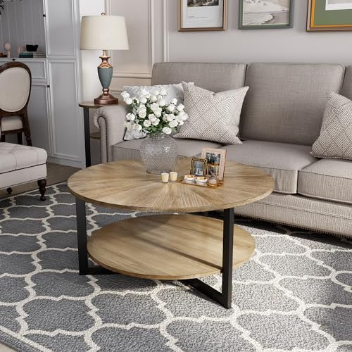 MIAUWUUFHOME Round Wood Coffee Table for Living Room, 2 Tier Circle Farmhouse Coffee Table with Storage, Mid-Century Rustic Natural Coffee Table for Apartment, Easy Assembly