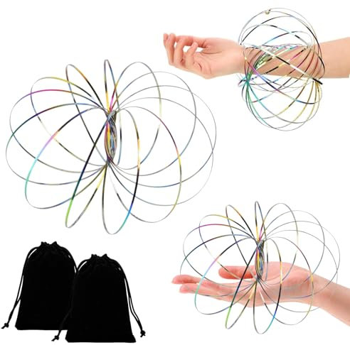 TenaLucy 2 Stück Durchflussringe Spielzeug,Magic Flow Ringe 3D Arm Feder Magisch Durchflussring Edelstahl Multisensorisch Pädagogisch und Interaktiv Feder Spielzeug mit Schwarz Samtbeutel(Bunt)