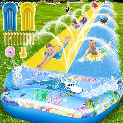 VEEST Toboggans d'eau extra longs de 10 m pour enfants et adultes, double pelouse géante robuste avec 2 bodyboards, jouets d'été avec tapis de protection pour jardin extérieur