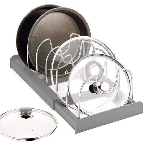 KOOSREEL Expanding Cookware Organiser & Expandable Pans Organiser Rack, Pantry Cupboard Bakeware Lid Plate Holders, Space saving storage for pan lids, baking trays - Upgraded Grey