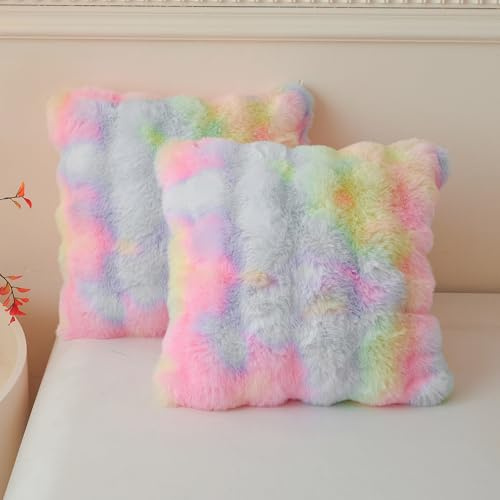 LIFEREVO Fluffy Faux Rabbit Fur Cushion Covers 45x45cm Set of 2, Rainbow | Soft Furry Bubble Throw Pillow Covers with Zipper, Washable Decorative Plush Tie Dye Square Pillow Shams for Bed Sofa Office