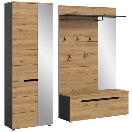 xonox.home – Garderobenkombination Canu 200x190x37 cm in Artisan Eiche & Basaltgrau – 3-teiliges Set aus Garderobenschrank, Sitzbank & Spiegelpaneel – Stilvolles & funktionales Flurmöbel-Komplettset