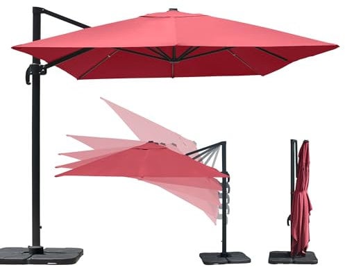 paramondo parapenda Sonnenschirm Ampelschirm aus 230 g/㎡ Polyesterfaser, Rechteckig, 4 x 3 m, Weinrot, 360° Schwenkbar, Kurbelbedienung, Stahl-Standkreuz und Gestell in Anthrazit, 25kg