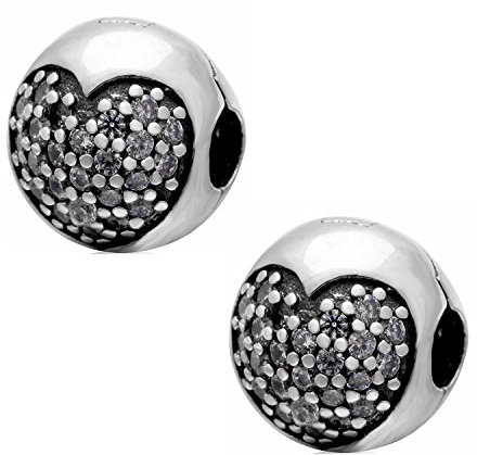 Charm stopper in vero argento sterling 925, Love of my life, con chiusura a clip, con cuore con brillantini, per braccialetti europei, confezione da 2, Argento, colore: Clear Stone, cod. SK001