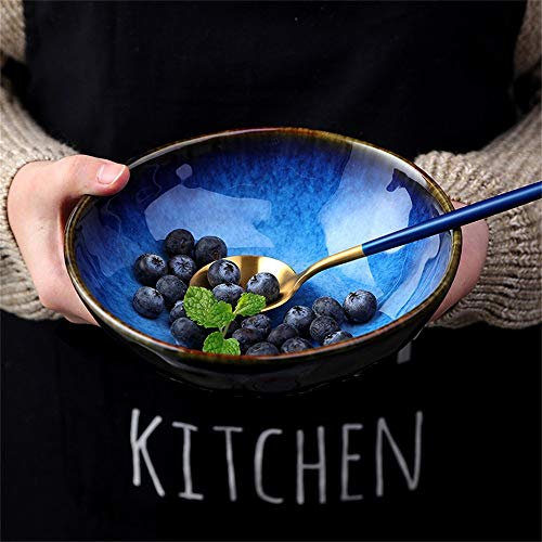 LIXUE Grand saladier Bol à mélanger Soupe Ramen Pâtes Nouilles Bol Céréales Mélange à dessert Bol à service créatif Vaisselle en céramique Creative Four à micro-ondes Safe Cat's Eye Bleu