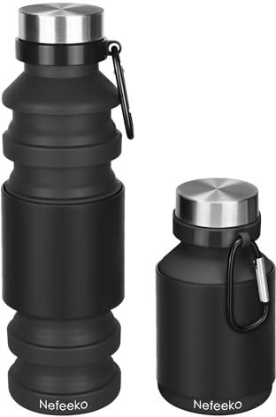 Nefeeko Faltbare Sport-Wasserflasche, faltbar, Reise-Wasserflasche, BPA-frei, FDA-genehmigt, lebensmittelechtes Silikon, tragbar, auslaufsicher, Geschenk für Reisen, Camping, Outdoor, 457 ml, schwarz