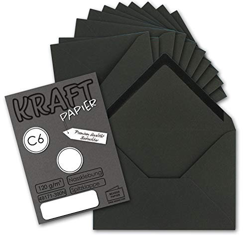 50x Kraftpapier Umschläge DIN C6 Schwarz - 11,4 x 16,2 cm ohne Fenster - Vintage Briefumschläge mit Nassklebung Spitzklappe - NEUSER PAPIER