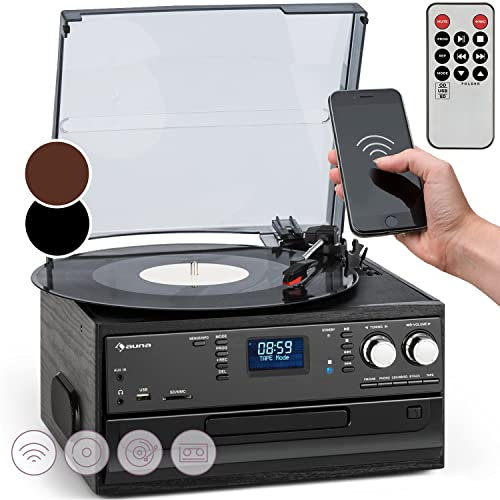 Auna Tocadiscos de Vinilo, Incluye Altavoces Sistema Estéreo para Música, Giradiscos de Vinilo Bluetooth Equipado con CD, AUX Sistema Sonido, Giradiscos Portátil para Casa
