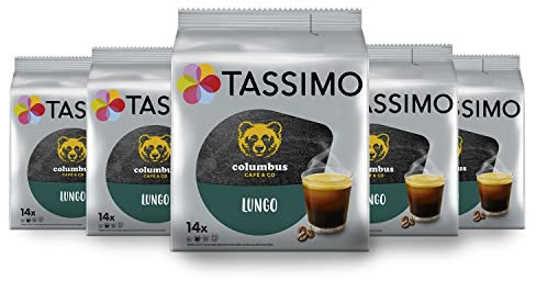 Tassimo, 70 Dosettes, Café Lungo Columbus, Compatibles avec les machines TASSIMO, 70 cafés Lungo, Equilibré et Onctueux, 5 packs de 14 dosettes