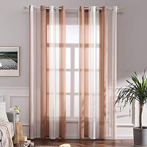 MIULEE Voile Gardinen Braun-Weiß mit Ösen 2er Set 140x215 cm | Halbtransparenter Voile mit Streifenmuster für Wohnzimmer, Schlafzimmer und kleine Fenster.