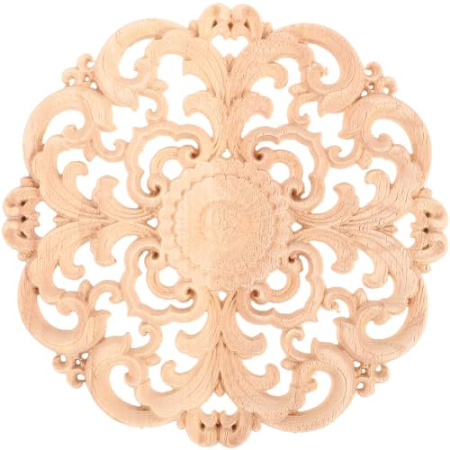 BESPORTBLE 15x15cm Holz Geschnitzte Deko Runde Onlay Applikation Unbemalte Holz Skulptur für DIY Basteln Kunst Handwerk Ecke Möbel Couchtisch Tür Dekoration Ornament Weihnachten Fensterdeko