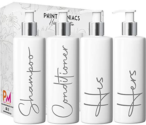 Print Maniacs White Mrs Hinch Inspired Personalised 500ml Pump Bottles Bathroom Lotion Kitchen Set Shampoo Conditioner (Set 4 His Her, F2 ) (Grey)