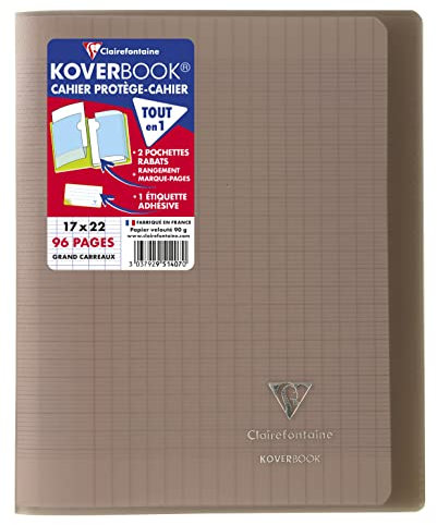 Clairefontaine 951407C Un Lot de 10 Cahiers Agrafés Koverbook Gris - 17x22 cm - 96 Pages Grands Carreaux - Papier Blanc 90 g - Couverture Polypro
