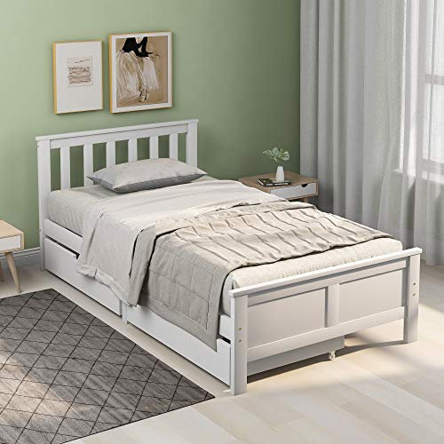 LTGB Single Bed Frame, Wooden Solid Pine Storage Bed with Drawers, Bed Furniture Frame for Adults, Kids, Teenagers, 3ft Single White Bed, 196 x 100 x 82 cm, 2021 New 【UK Fast Delivery】