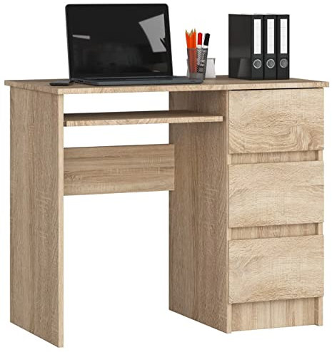 ADGO A-6 CLP Computertisch mit 3 Schubladen 90x77x50 cm, Ausziehbare Tastaturablage, Bürotisch für Arbeit, Arbeitszimmer, Kinderzimmer, Schlichtes Design, Rechteckig, zum Lernen (Recht, Sonoma)
