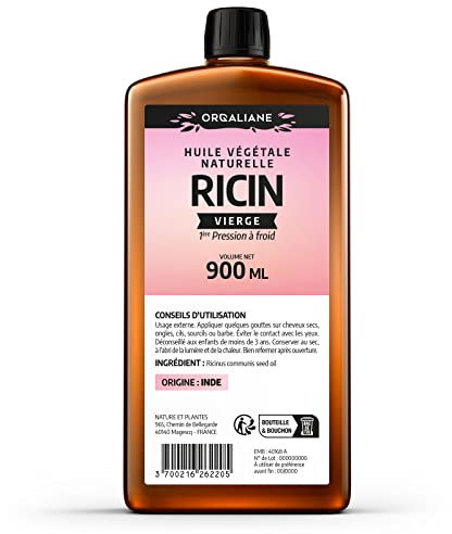 Huile de Ricin 900 ml - Orgaliane - Pure et Naturelle - Barbe, Cheveux, Cils, Ongles, Peau.