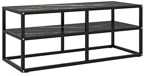 SKM Mobile Porta TV Nero con Vetro Marmo Nero 100x40x40 cm