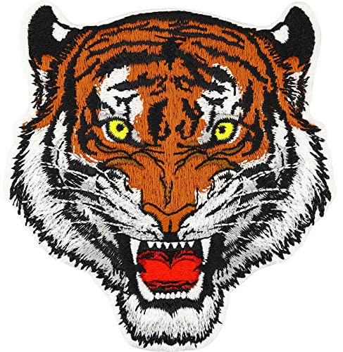 Tiger Aufnäher Indien brüllender Tiger | bengalischer Tiger Aufbügler Klimaschutz Save the Tiger Abzeichen fürn alle Stoffe | gesticktes Kunstwerk Emblem zum annähen/aufbügeln | 100x95mm