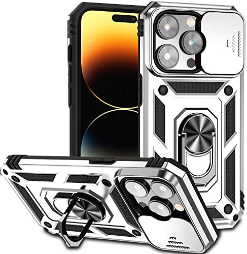 Hitaoyou iPhone 14 Pro Max Case with Camera Cover & Kickstand, Military Grade Shockproof Heavy Duty Protective Magnetic Case for iPhone 14 Pro Max 6.7'' Silver