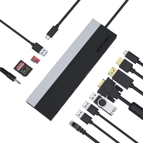 Docking Station USB C, WAVLINK Triple Display Docking Station con DisplayPort, HDMI, VGA, PD100W, 2 USB3.0 y 2 USB2.0, Ethernet, Lector de Tarjetas SD y Micro SD, Audio y Micrófono