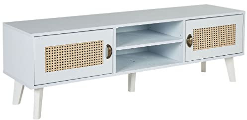 TV-Ständer mit Rattan Fronten offene Fächer Retro-Stil weiß/Heller Holzfarbton Parton