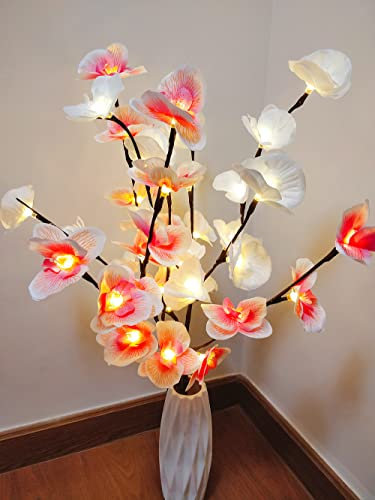 Fantasee Orchidee Zweig Lichter, 20 LED Künstliche Phalaenopsis Zweig Lichter Batteriebetriebene flexible Zweige Dekor Lichter für Zuhause Schaufenster Vase Weihnachten (2 Packungen, rosa + weiß)