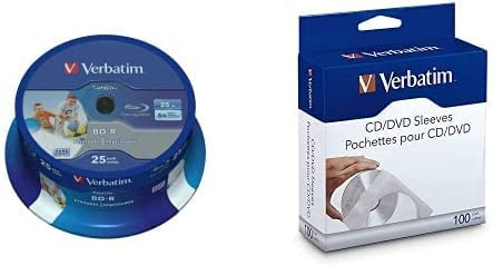 Verbatim BD-R SL Datalife Blu-ray Rohlinge 25 GB, Blu-ray-Disc mit 6-facher Schreibgeschwindigkeit, 25er-Pack Spindel, großflächig bedruckbar, inklusive 100 BD Hüllen