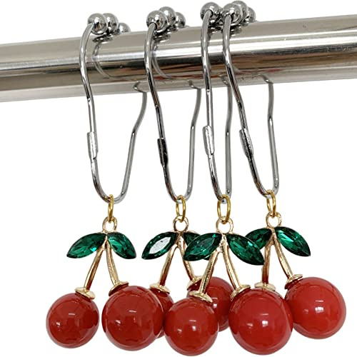 Kinwot 12Pcs Cherry Shower Curtain Hooks Rings, Fruit Themed Bathroom Decor | Rust Proof Stainless Steel Curtain Ring with Decorative Resin Red Cherry Pendant for Bathroom Shower Curtain & Liners