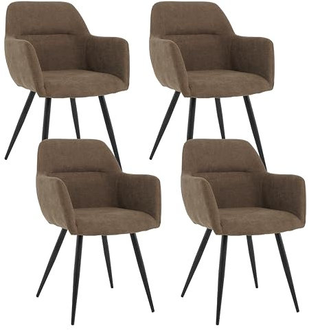 Mevsim Store Esszimmerstühle 4er Set Braun – Polsterstühle mit Armlehne aus Leinenstoff – Bequeme Küchenstühle mit Metallbeinen für Wohnzimmer & Essbereich