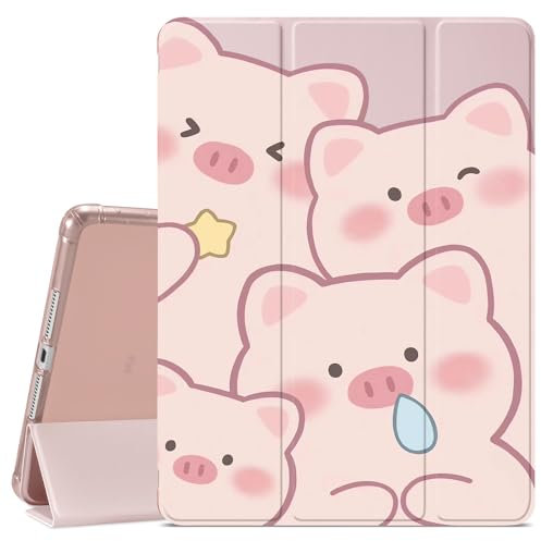 JOYLAND QISHANG Schutzhülle für iPad 7. / 8. / 9. Generation (10,2 Zoll), mit Stifthalter, transparenter weicher TPU-Rückseite und dreifach gefalteter Smart-Pad-Hülle mit niedlichem rosa Schwein,