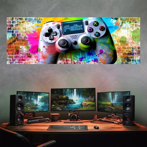 tjapalo® vz123Blau Wanddeko Gamer poster mit Namen personalisiert gaming deko gamer Bild für die Wand Wandbild Jugendzimmer Poster gaming zimmer Bilder für Teenager, Größen Name: B120xH42cm