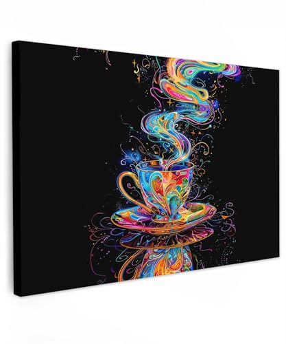 MuchoWow© Leinwand Deko Schlafzimmer Aesthetic Leinwandbilder Wohnzimmer | 90x60 cm - Gemälde Foto Geschenk Living Room Decoration Bilder Küche - Kaffee - Farbenfroh - Schwarz - Tasse